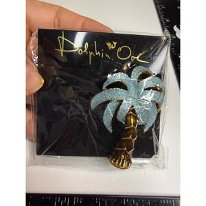 Dolphin Ore Palm Tree Brooch Pin Gold Blue Glitter Tropical DB-1502/5